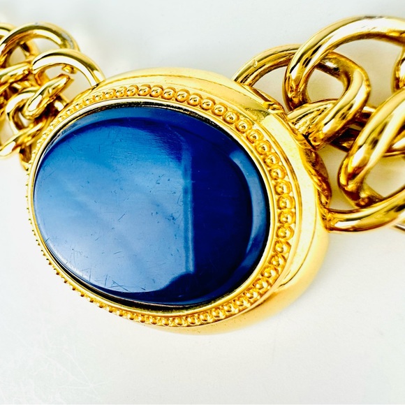 Monet Jewelry - VTG 80s Monet Chunky Chain Link Blue Lapis Glass Gold Plated Collar Necklace